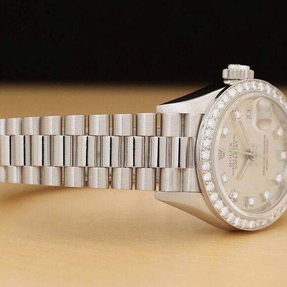 ROLEX LADIES DATEJUST SILVER FACTORY DIAMOND PLATINUM PRESIDENT WATCH - Picture 7 of 9